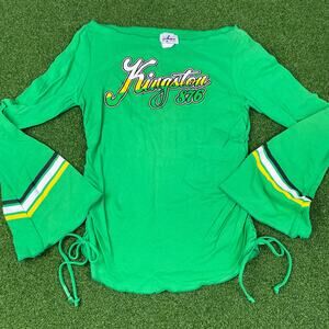 Vintage 90s Y2K Beware Kingston Rasta Bell Sleeve Side Cinch Boat Neck Top Sz M